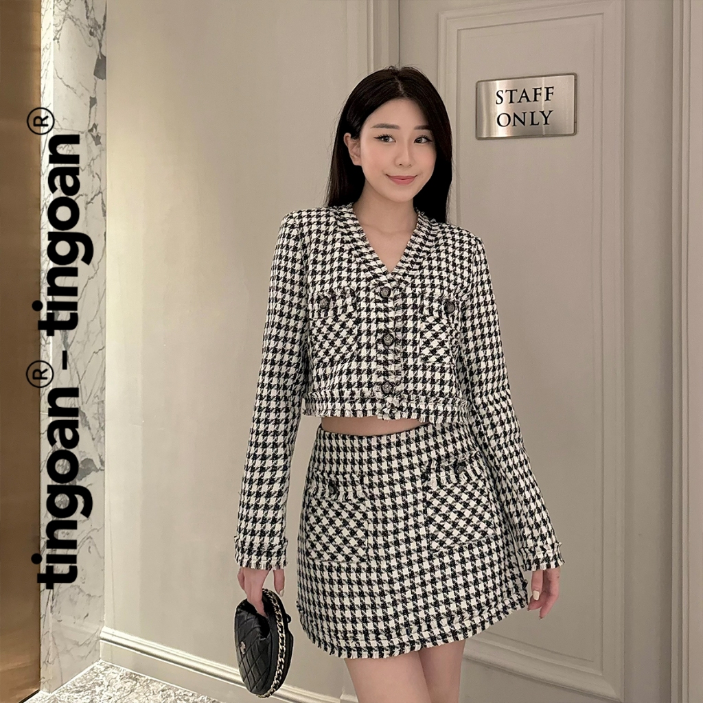 TINGOAN - Áo khoác tweed croptop caro cổ V viền tua rua TWICE SHY JACKET CR