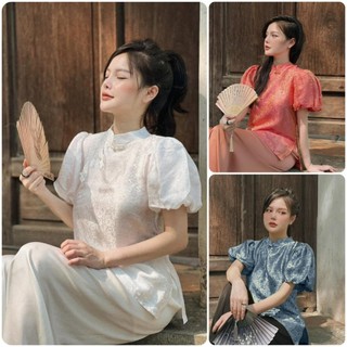 Set đồ bà ba mặc đi chùa gấm cao cấp cúc chéo tay phồng Thiên Di quần áo đi chùa cho phật tử D19