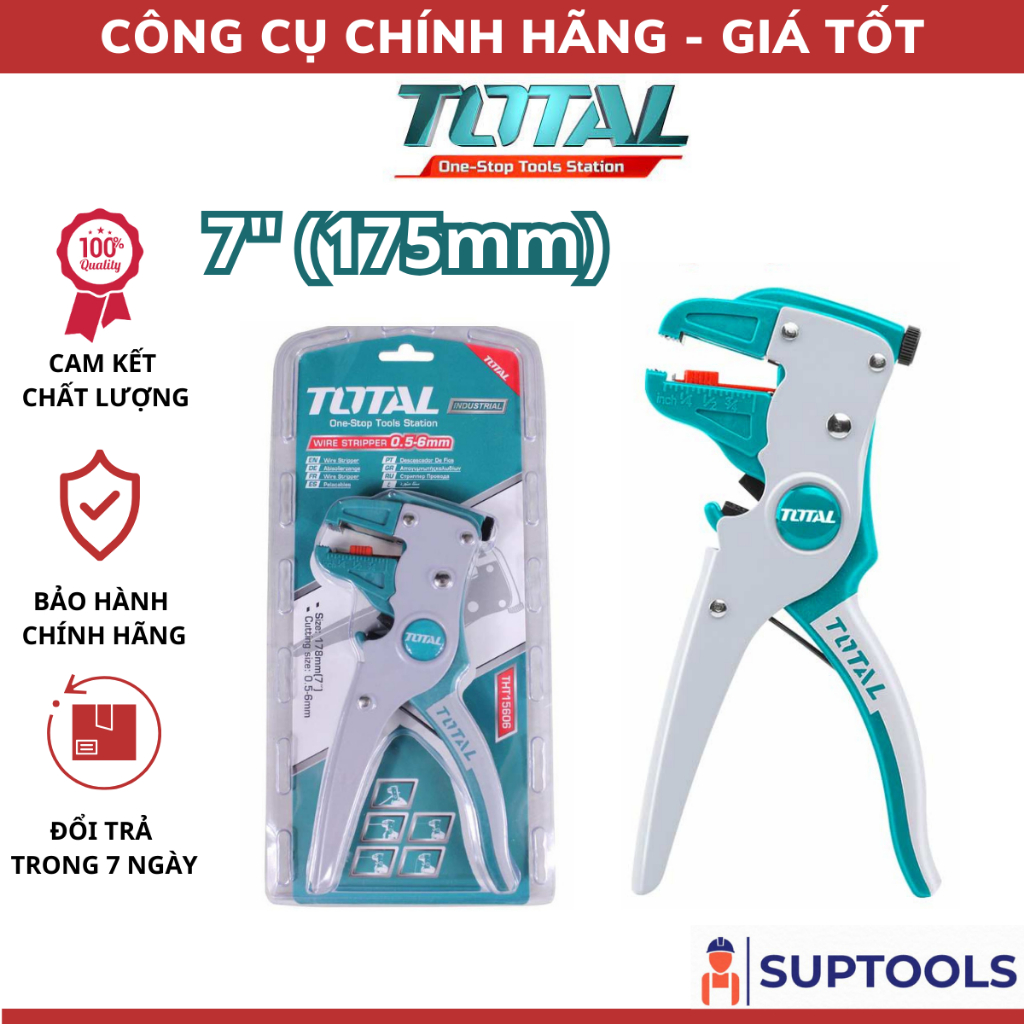 Kềm tuốt dây điện mỏ quạ TOTAL THT15606 Kìm tút 175mm Đường kính đầu tuốt 0.5mm~6mm [Đồ nghề Chính Hãng]
