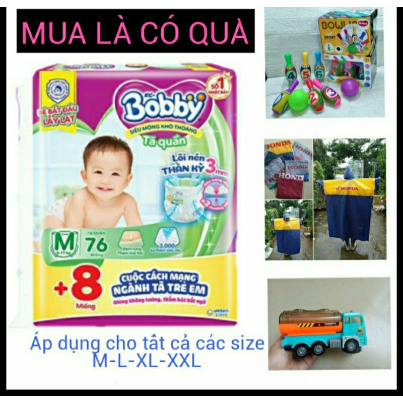 🏰 HCM 🏰 TẶNG 8 MIẾNG + QUÀ TẶNG 👉 Tã / Bỉm Quần Bobby siêu mỏng : M76+8 / L68+8 / XL62+8 / XXL56+6 ( HSD : 2026 )