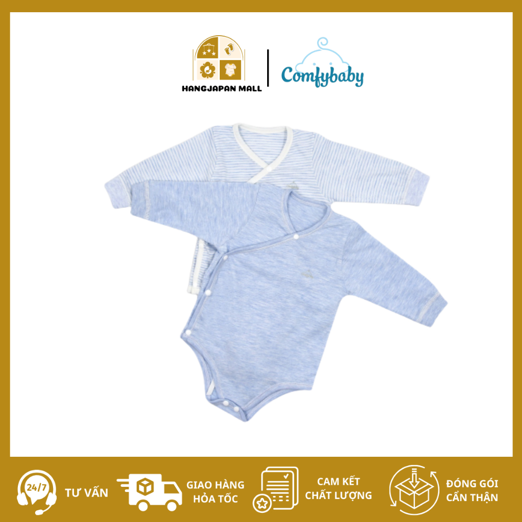 Set 2 áo bodysuit dài tay cài chéo giữ ấm ngực dài tay 100% Cotton cho bé Comfybaby