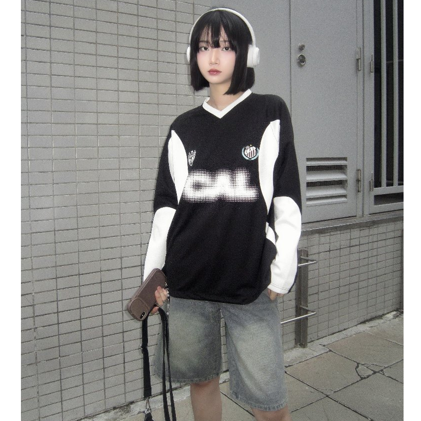 Calem Club - Áo thun tay dài poly 2 da cổ tim SPORTS có dây rút vải trơn, mềm mịn