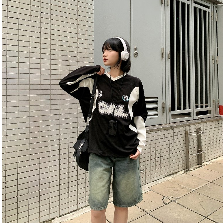 Calem Club - Áo thun tay dài poly 2 da cổ tim SPORTS có dây rút vải trơn, mềm mịn