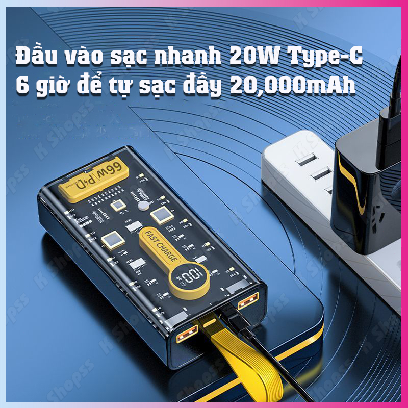 Sạc Dự Phòng Trong Suốt 10.000 - 20.000mAh Với 2 Cổng Sạc Nhanh 22.5w và PD 20W Kèm 4 Dây Sạc Màn Hình LED PKDT BD STORE