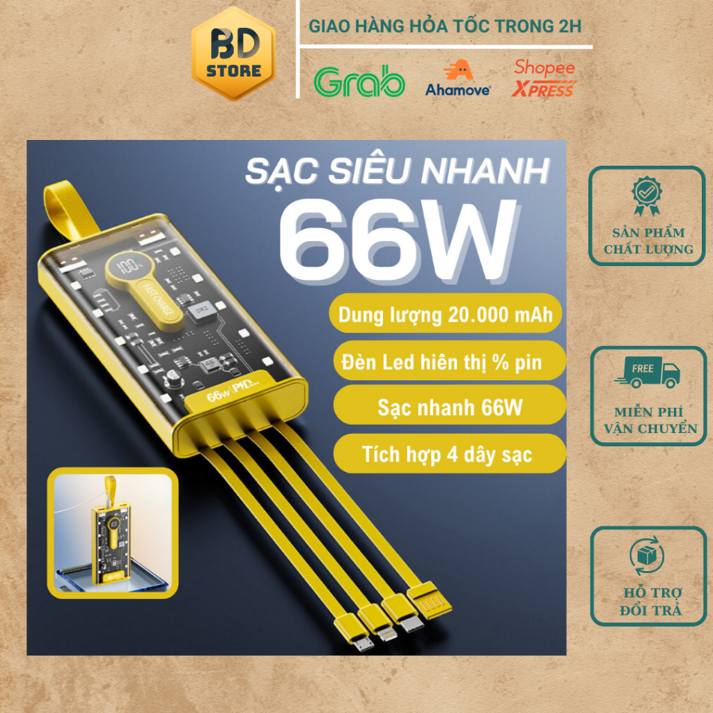 Sạc Dự Phòng Trong Suốt 10.000 - 20.000mAh Với 2 Cổng Sạc Nhanh 22.5w và PD 20W Kèm 4 Dây Sạc Màn Hình LED PKDT BD STORE