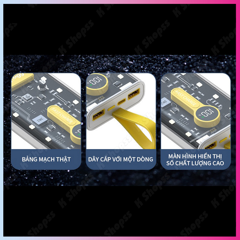Sạc Dự Phòng Trong Suốt 10.000 - 20.000mAh Với 2 Cổng Sạc Nhanh 22.5w và PD 20W Kèm 4 Dây Sạc Màn Hình LED PKDT BD STORE