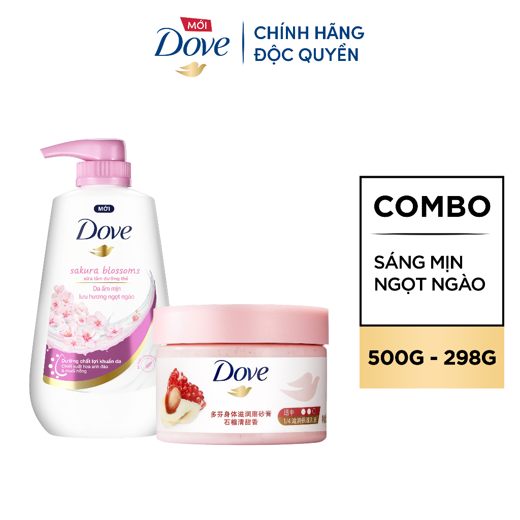 Combo Sữa tắm Dưỡng thể Dove 500g Da Mịn Hương Hoa 500g + Tẩy Da Chết Dưỡng Ẩm Dove Hương Hoa Anh Đào/ Lựu Đỏ 298g