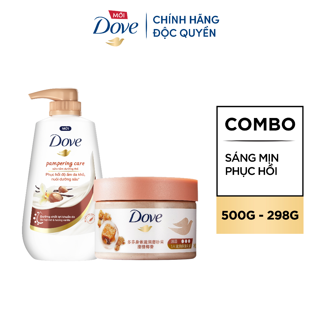 Combo Sữa tắm Dưỡng thể Dove 500g Da Mịn Hương Hoa 500g + Tẩy Da Chết Dưỡng Ẩm Dove Hương Hoa Anh Đào/ Lựu Đỏ 298g