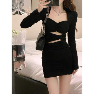 Đầm ôm body đen khoét eo, đầm dự tiệc màu đen thiết kế tay dài cho nàng duyên dáng điệu đà- Minh Phúc