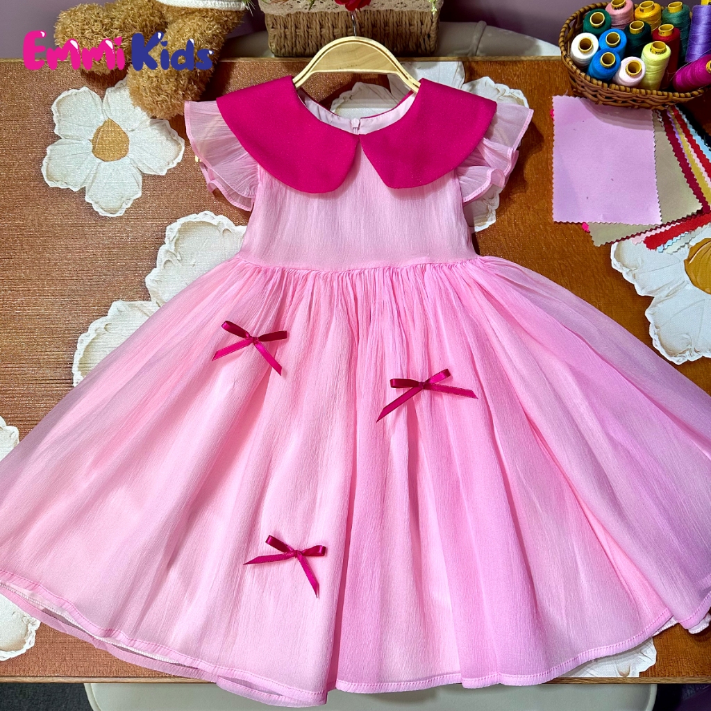 B04 Váy Bé gái cổ sen, EMMIKIDS Đầm trẻ em chất tơ cao cấp