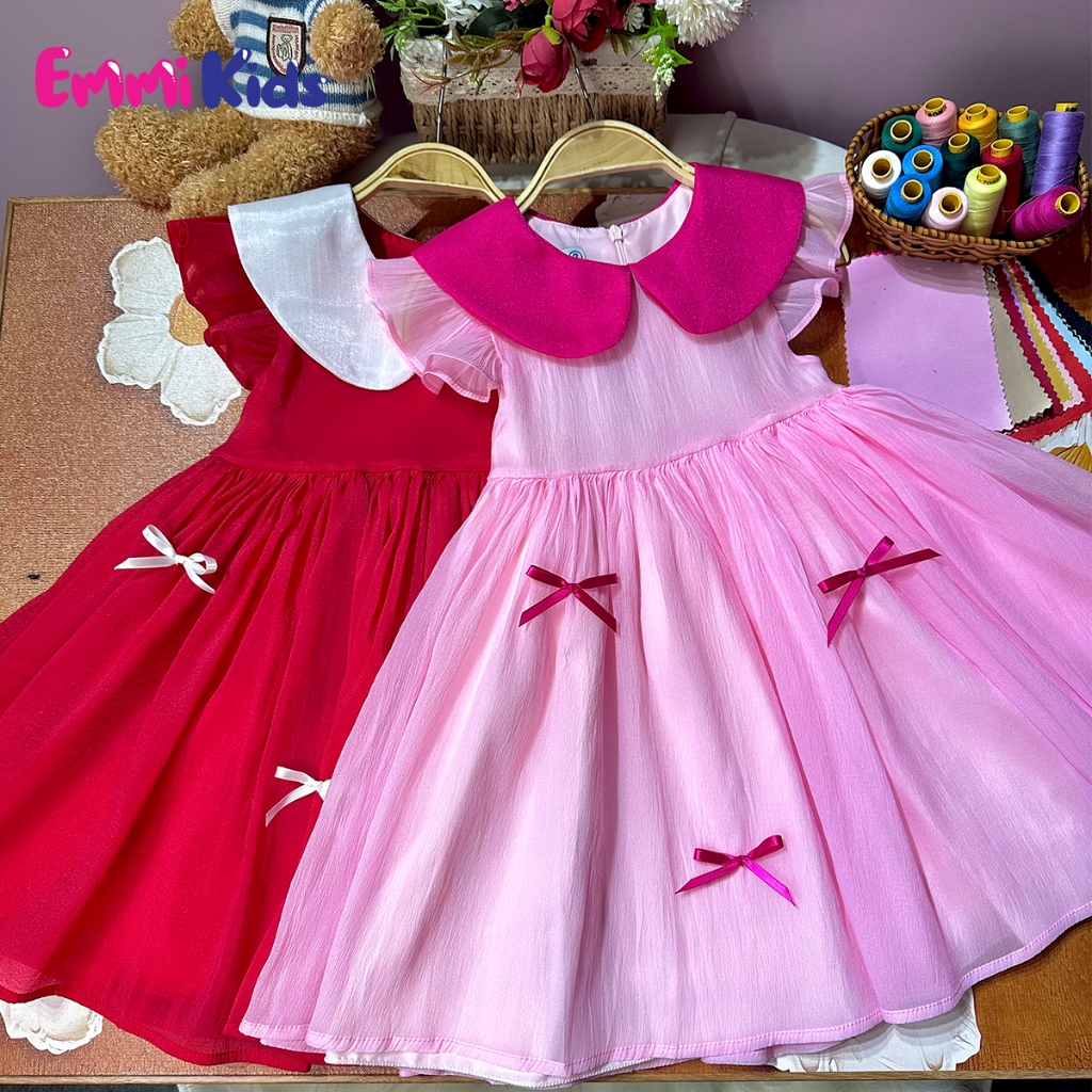 B04 Váy Bé gái cổ sen, EMMIKIDS Đầm trẻ em chất tơ cao cấp