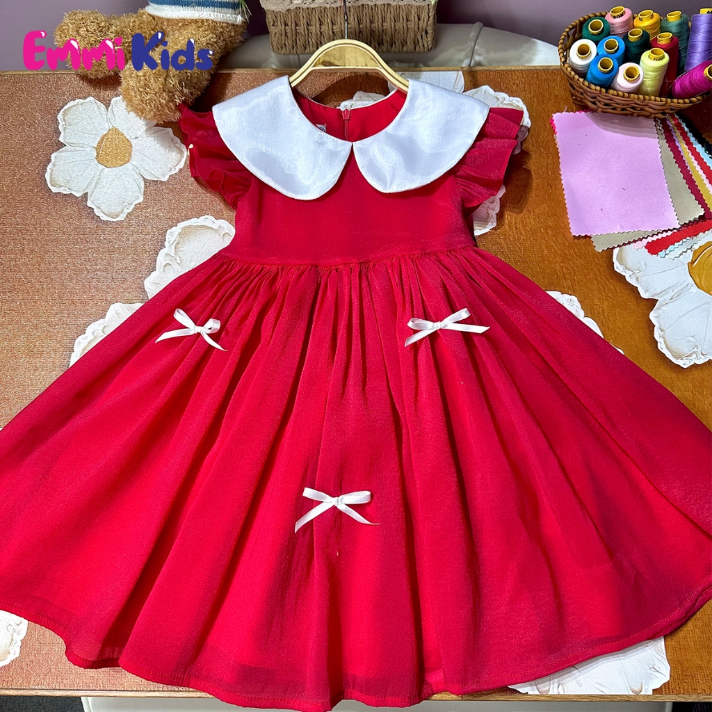 B04 Váy Bé gái cổ sen, EMMIKIDS Đầm trẻ em chất tơ cao cấp