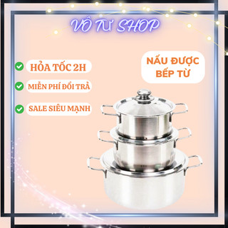 Bộ 3 nồi inox SHARP có nắp inox 24cm 18cm 16cm dùng được mọi loại bếp bộ nồi inox chắc chắn cao cấp