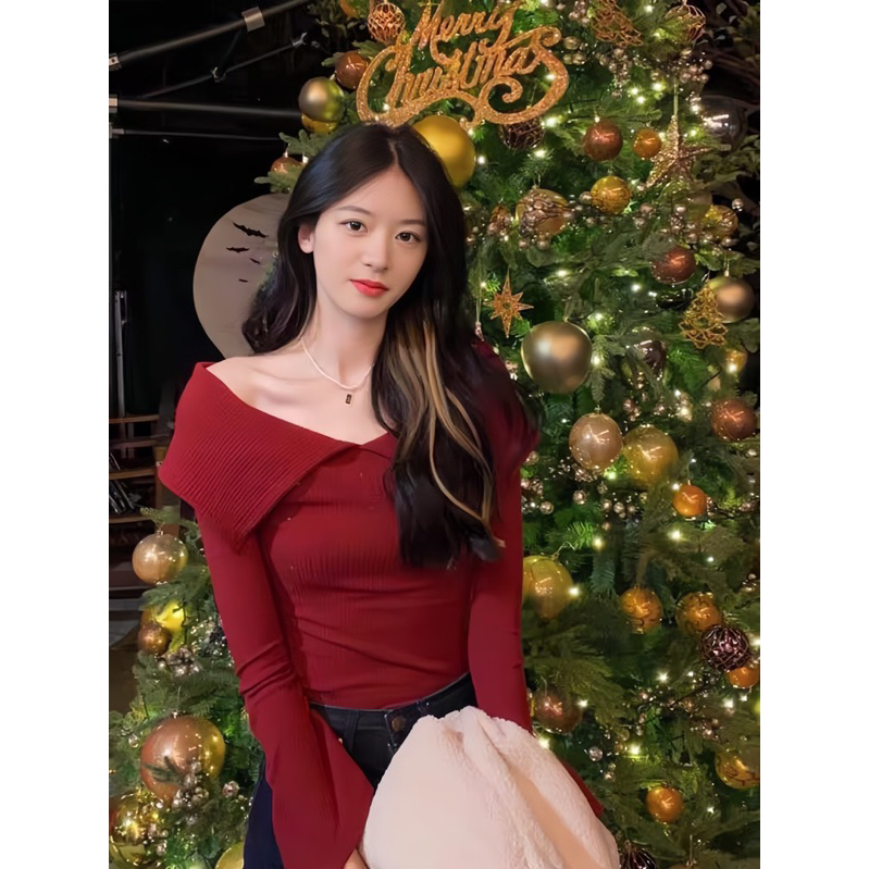 Áo kiểu dài tay trễ vai màu đỏ giáng sinh noel 🌲
