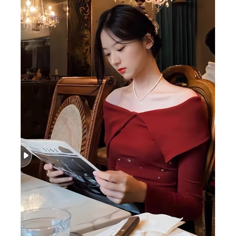 Áo kiểu dài tay trễ vai màu đỏ giáng sinh noel 🌲