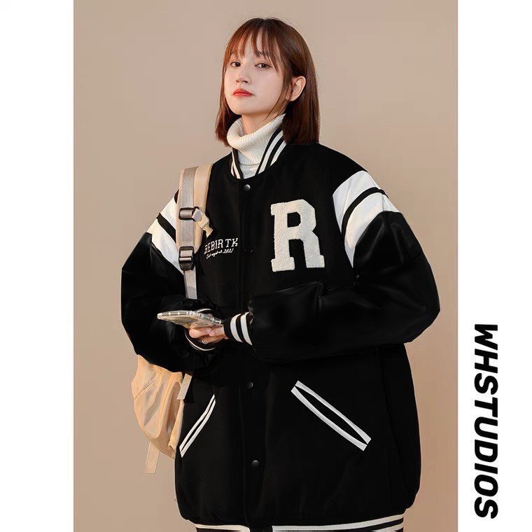 Áo Khoác, Áo  Bomber Chất Nỉ Phối Da Thêu Chữ R Vải Lông Siêu Hot