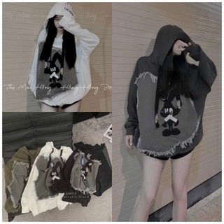 Áo nữ, áo hoodie đính vải bò in thỏ chất nỉ tàu siêu cute