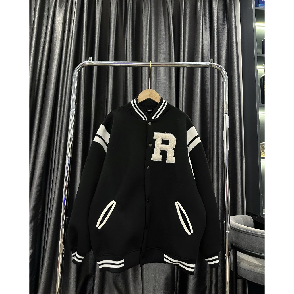 Áo Khoác, Áo  Bomber Chất Nỉ Phối Da Thêu Chữ R Vải Lông Siêu Hot