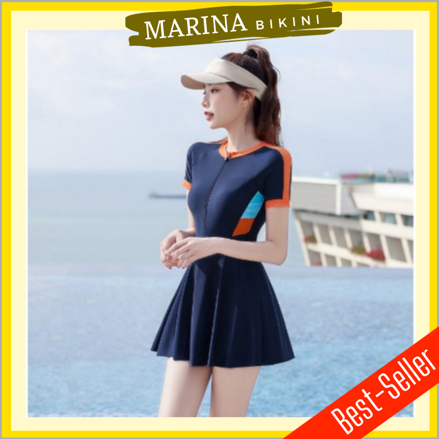 Bikini đi biển đồ bơi nữ liền thân váy áo tắm cọc tay ngắn khóa kéo phong cách Hàn Quốc Marina082