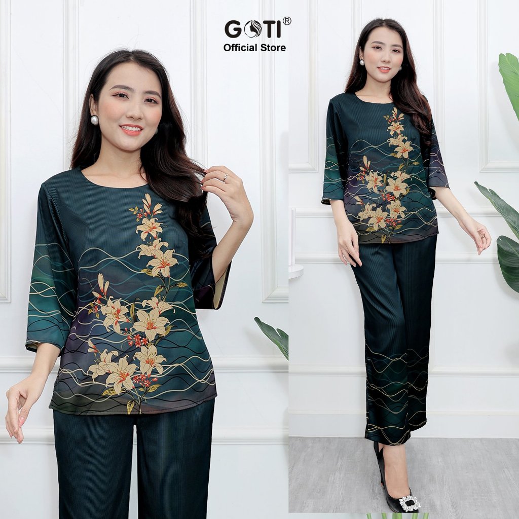 GOTI – Đồ Bộ Lụa Dành Tặng Mẹ Trung Niên In Hoa Sang Trọng Nhiều Màu,Thời Trang Trung Niên Bigsize 45-80kg 3392
