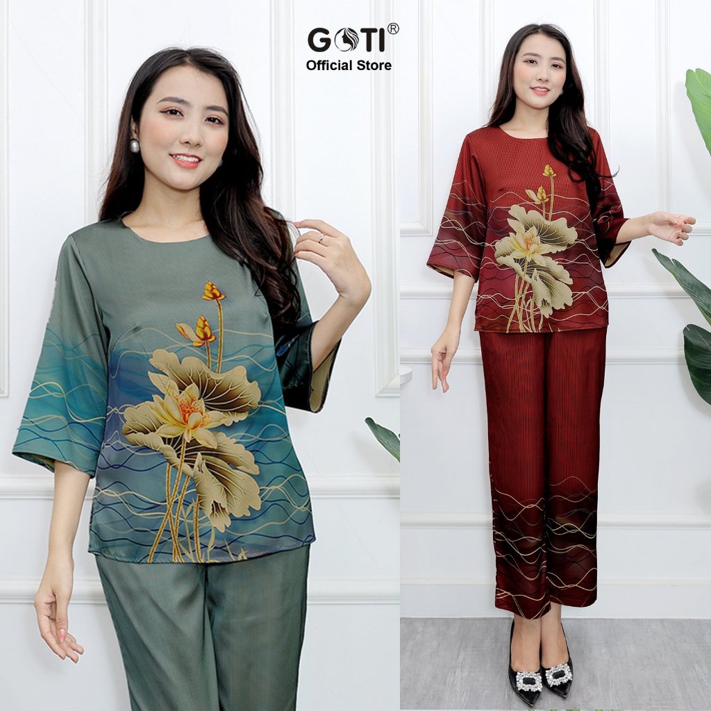 GOTI – Đồ Bộ Trung Niên Tay Lỡ Dành Tặng Mẹ U50 U60 Kiểu Set Bộ In Hoa Sen Lớn Vải Lụa Mềm Mịn Có Size Lớn 3392