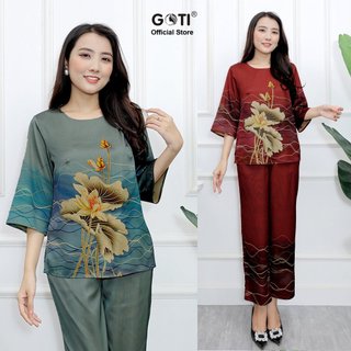 Goti – đồ bộ trung niên tay lỡ dành tặng mẹ u50 u60 kiểu set bộ in hoa sen lớn vải lụa mềm mịn có size lớn 3392