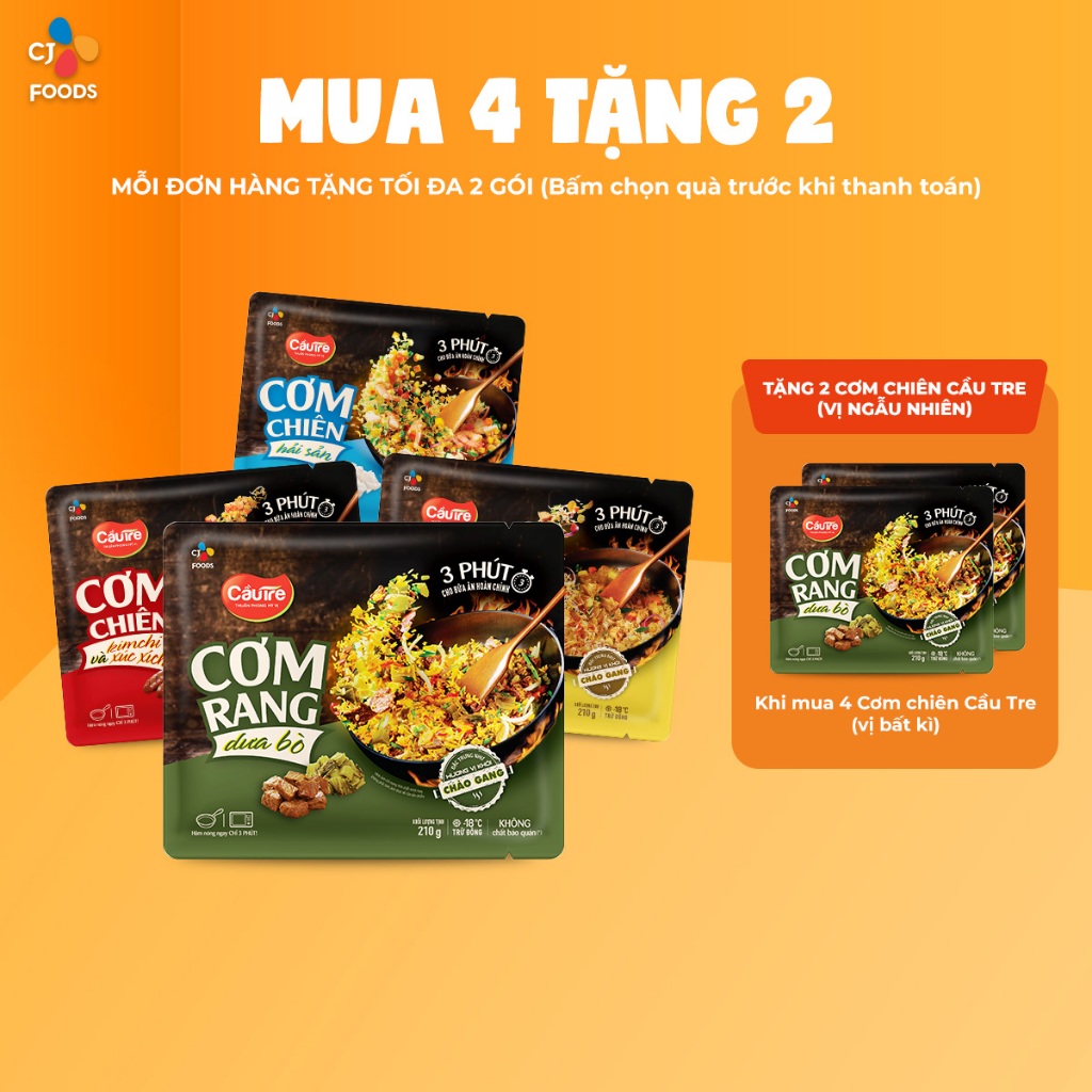 Combo 4 cơm chiên Cầu Tre túi 210g (hải sản, gà cháy tỏi, dưa bò, kim chi xúc xích)