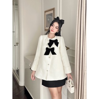  Áo Khoác Dạ Tweed Nữ Trắng ELYSNIE Phối Nơ Nhung 