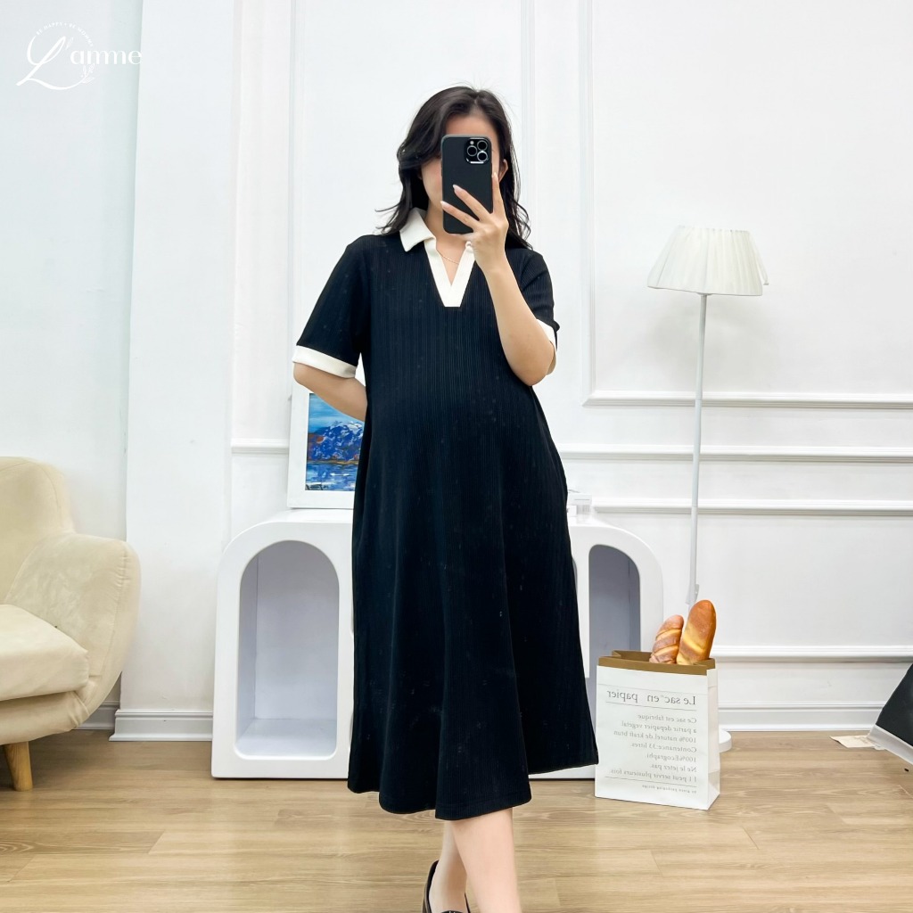 Váy bầu suông, đầm bầu basic cổ polo phối viền LALA DRESS phong cách Hàn Quốc nhẹ nhàng by L'amme