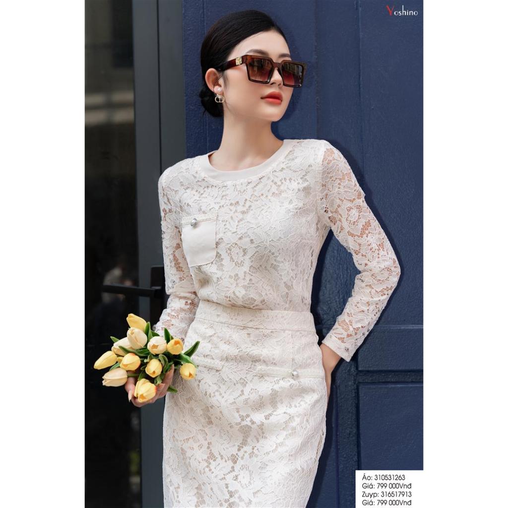 Sơ mi croptop ren đi bộ zuýp ren màu be sáng Yoshino