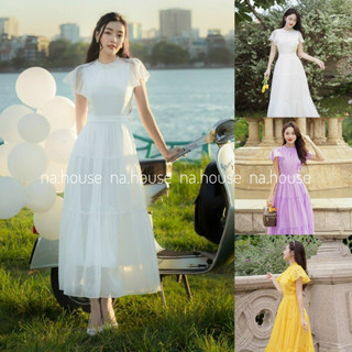  Váy maxi dáng dài cánh tiên đi chơi đi biển Nahouse đầm voan dài nối tầng màu trắng vàng tím thiết kế đẹp xinh xịn sang 