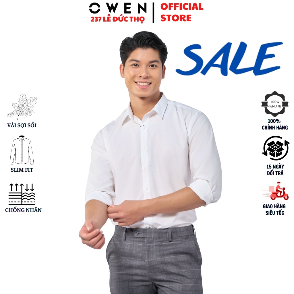 Áo sơ mi trắng trơn nam OWEN AS230329D somi công sở dài tay form slim fit tà lượn không túi chất sợi sồi cao cấp mềm mát