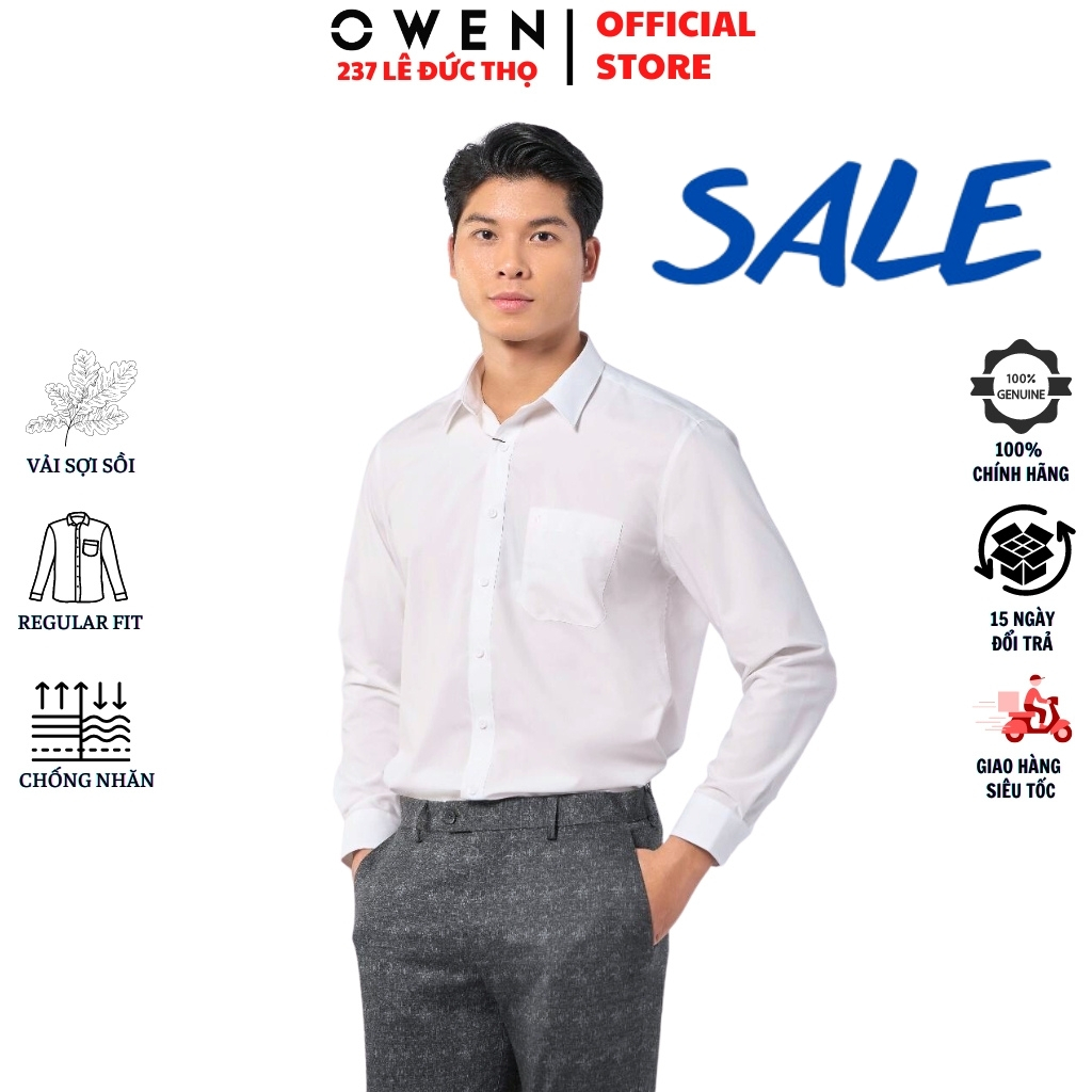 Áo sơ mi trắng trơn nam OWEN AR230326DT somi công sở dài tay regular fit tà lượn có túi chất sợi sồi cao cấp mềm mát