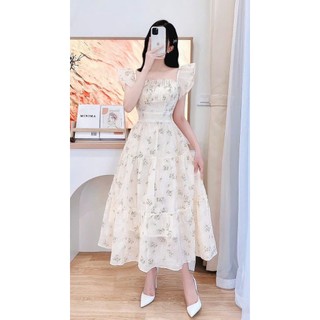 Đầm voan hoa xếp ly ngực tay cánh tiên