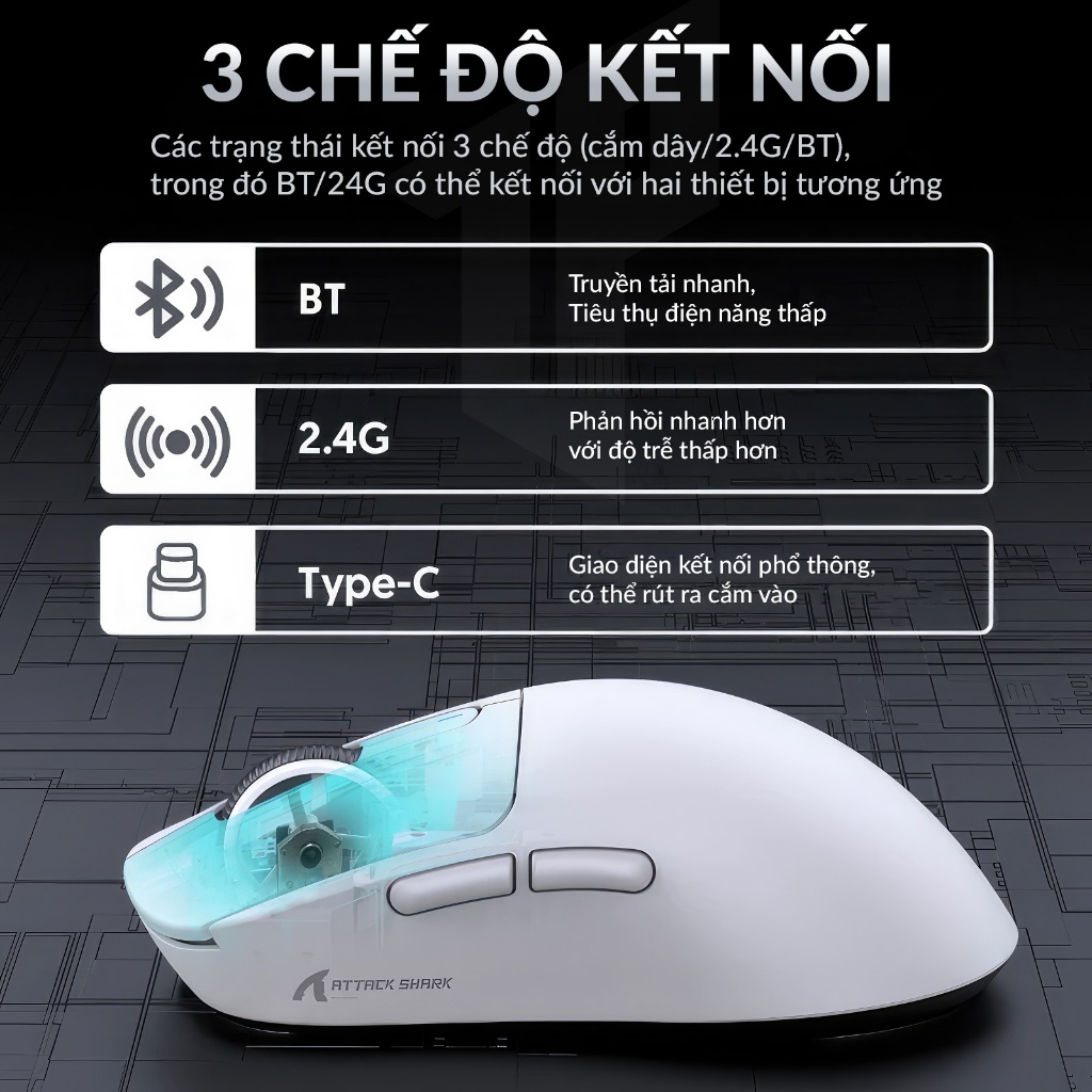 Chuột Không Dây Gaming Attack Shark X3 「3-Mode ✦ Sensor PAW3395 ✦ Nhẹ 49g」