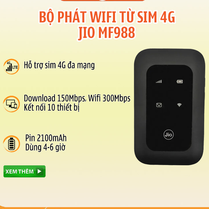 💖💖 Bộ Phát Wifi 4G LTE JIO MF988 MF800  - Wifi 300MB - Pin 2100mAh- Kết Nối 10 Thiết Bị