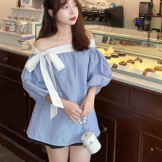 (Xs,S,M,L) Áo Trễ Vai Thắt Nơ Tay Phồng