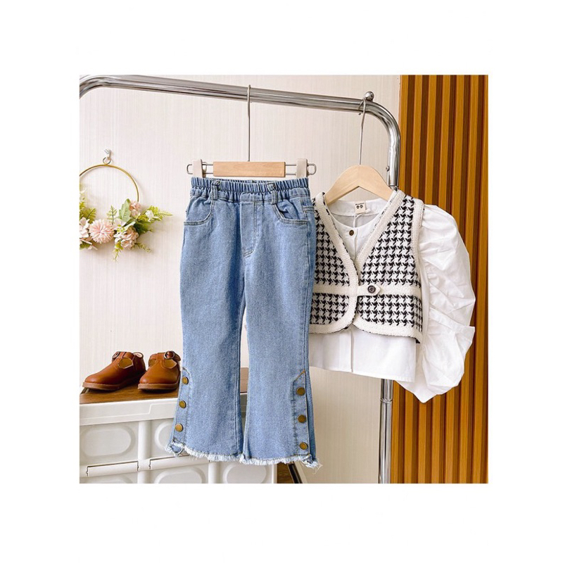 Quần dài bé gái, quần bò ống loe dập cúc sành điệu cho bé 10-30kg
