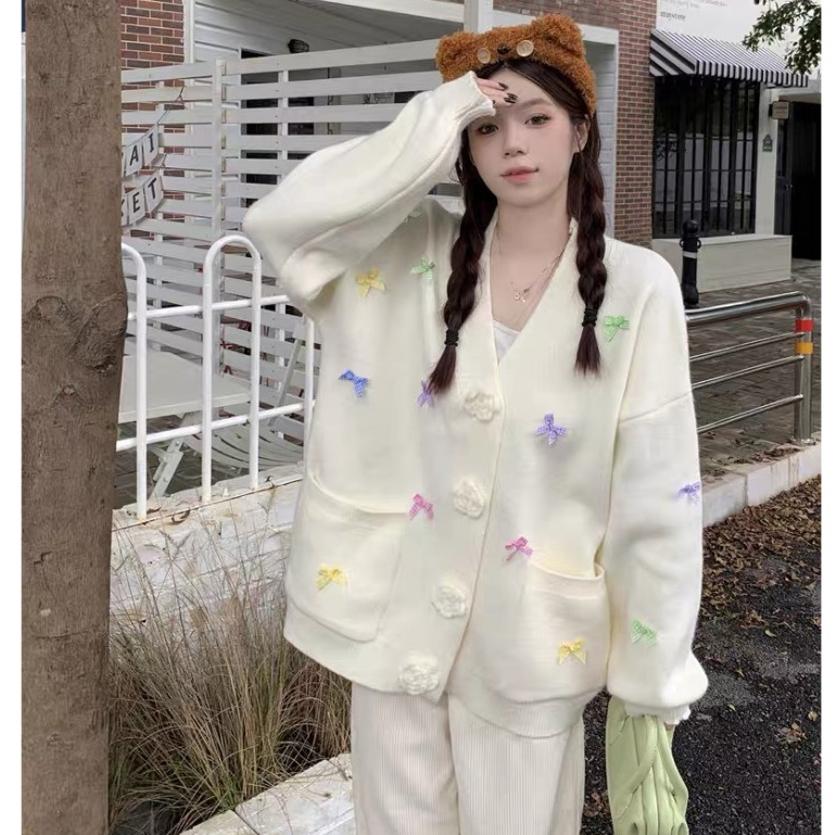 Áo khoác cardigan len nữ kẻ ngang mùa đông DELIZ cúc thêu hoa Ulzzang Chou Chou