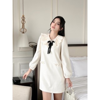 Váy Đầm Tweed Trắng Nữ ELYSNIE Phối Ren Ruy Băng Dáng Baby AURORA DRESS