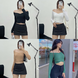 Áo Croptop Bẹt Vai Đắp Chéo Ngực - Áo Trễ Vai Tay Dài Nữ [ẢNH THẬT 100%]