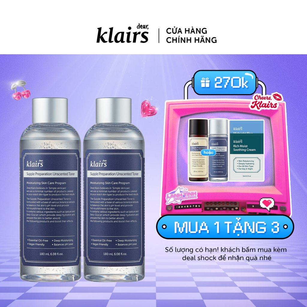 Combo 2 Nước hoa hồng Dear, Klairs Supple Preparation Unscented Toner 180ml