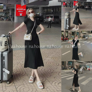 Đầm đen dài xẻ tà 2 bên loại tăm gân dày Nahouse váy suông tay ngắn cổ tròn đi chơi dạo phố thiết kế đẹp xinh xịn sang