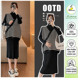 Set váy bầu len cổ cao mix áo gile siêu ấm áp - set đồ bầu thời trang hàng qccc loại 1