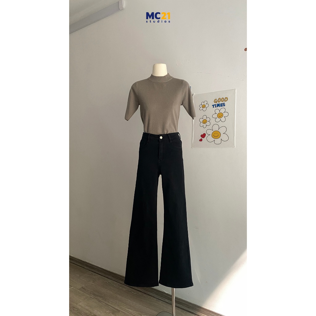 Quần jeans nữ suông ống loe MINION CLOTHING lưng cạp cao dáng đứng Ulzzang Streetwear Hàn Quốc Q3812