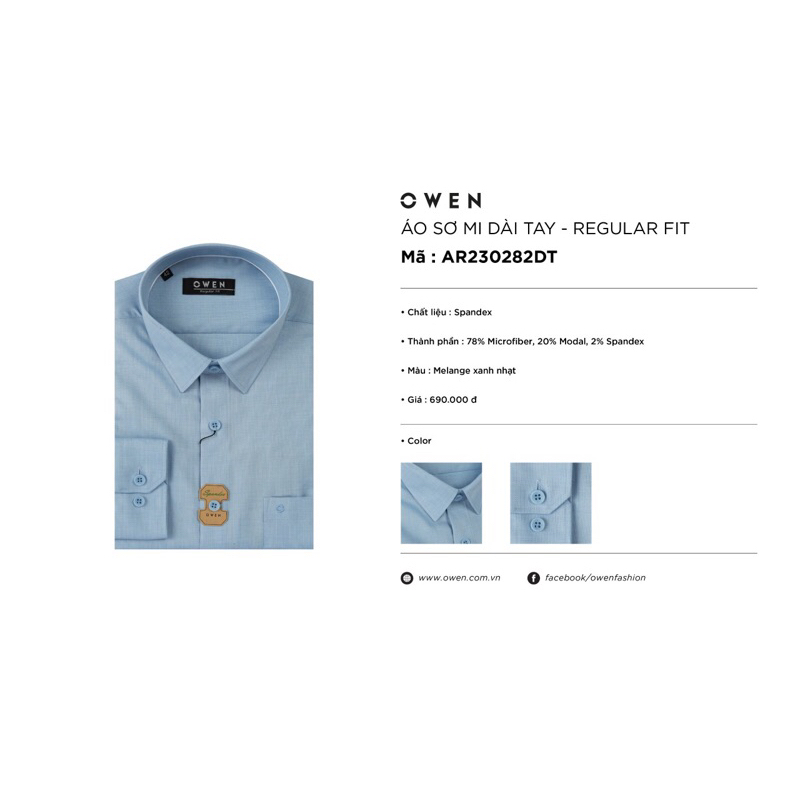 Áo sơ mi owen dài tay màu xanh nhạt melange regular fit vải sồi AR230282DT