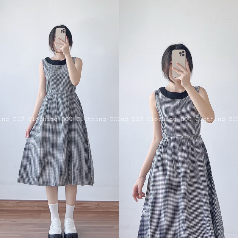 Đầm caro sát nách viền cổ đen BOÚ Clothing (ảnh thật)