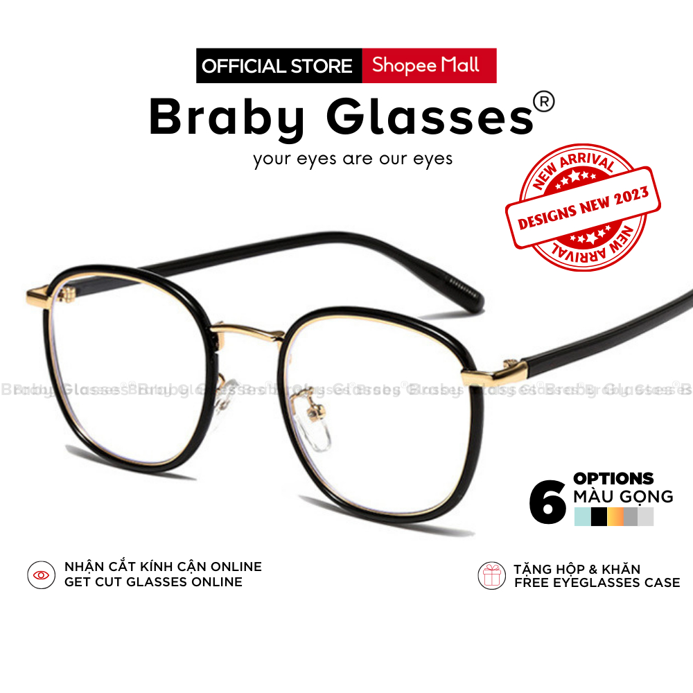 Gọng kính cận nam nữ Braby Glasses mắt kính tròn gọng kính kim loại màu sắc thời trang MK102