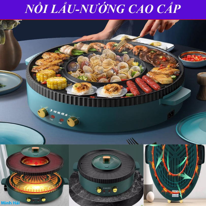 Nồi Lẩu Nướng Đa Năng. Nồi siêu to thiết kế 2 trong 1 vừa nướng vừa lẩu, bếp lẩu nướng đa năng