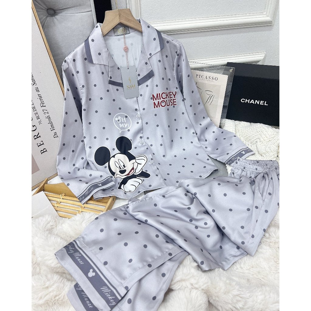 Set lụa Luxury SAM cao cấp,  kiểu dáng áo dài quần dài, họa tiết hình mickey dễ thương tinh tế, chất mềm thoáng mát